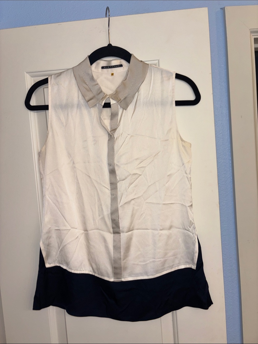 Elie Tahari Silk off White, Gray & Navy Sleeveless Colorblock Shirt XS S